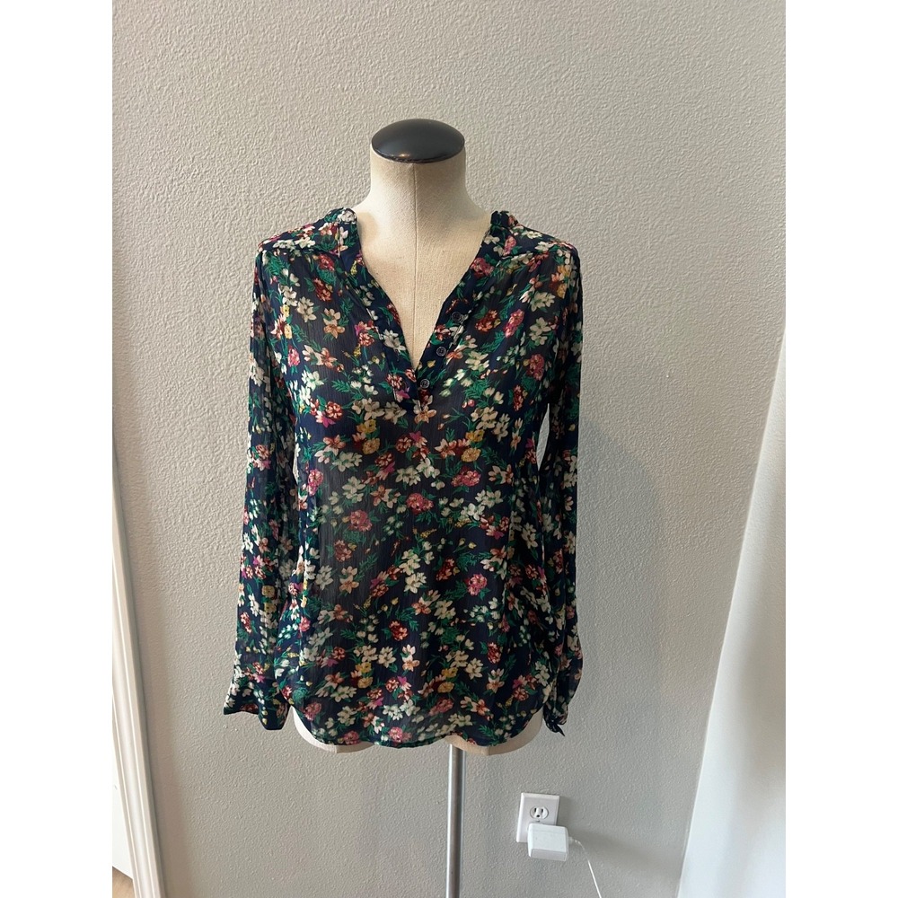 Floral Sheer Blouse Mossimo Small Navy Boho Lightweight Long Sleeve Top